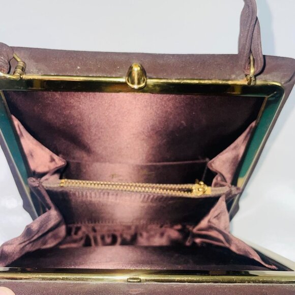 Vintage 60s Mod Brown Velour Purse Handbag Kiss Lock Coin Purse - Picture 4 of 8